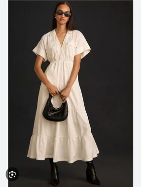 Maeve Short-Sleeve V-Neck Tiered Maxi Dress Size S